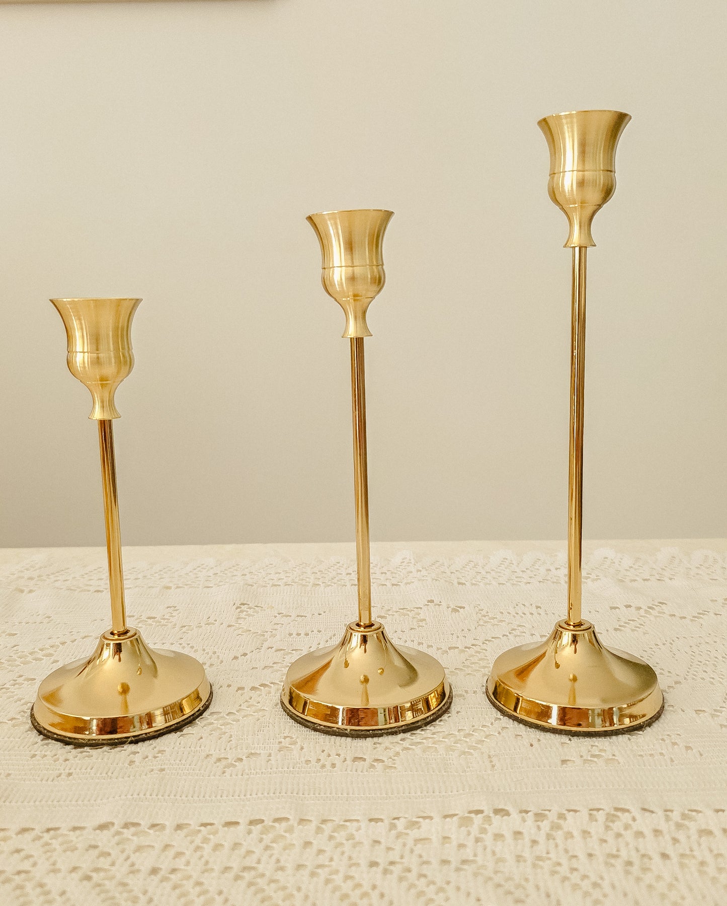 3 piece golden taper candle holders