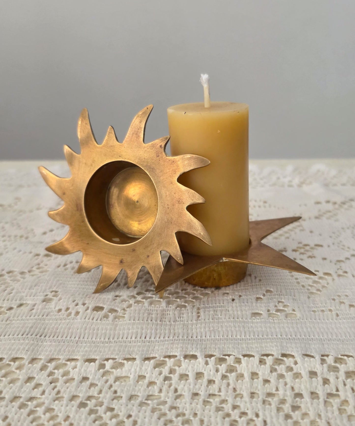 Vintage Brass Star and Sun Tealight Candle Holder